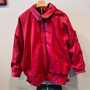 Vintage 80s Red Genuine Leather Bomber Jacket Oversized M